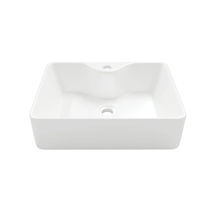 White rectangular ceramic vessel sink with single faucet hole.
