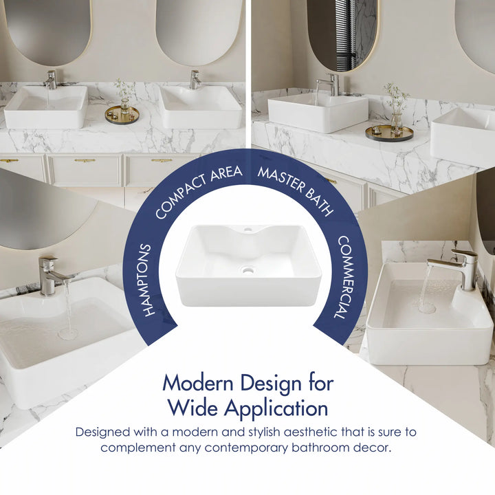 Modern white rectangular vessel sink for wide bathroom applications.