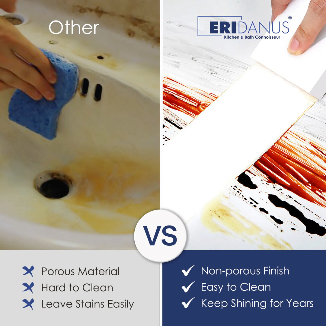 Easy-to-clean non-porous finish comparison for Eridanus white sink.