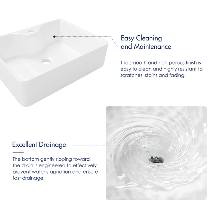 White ceramic vessel sink with non-porous finish and fast drainage.