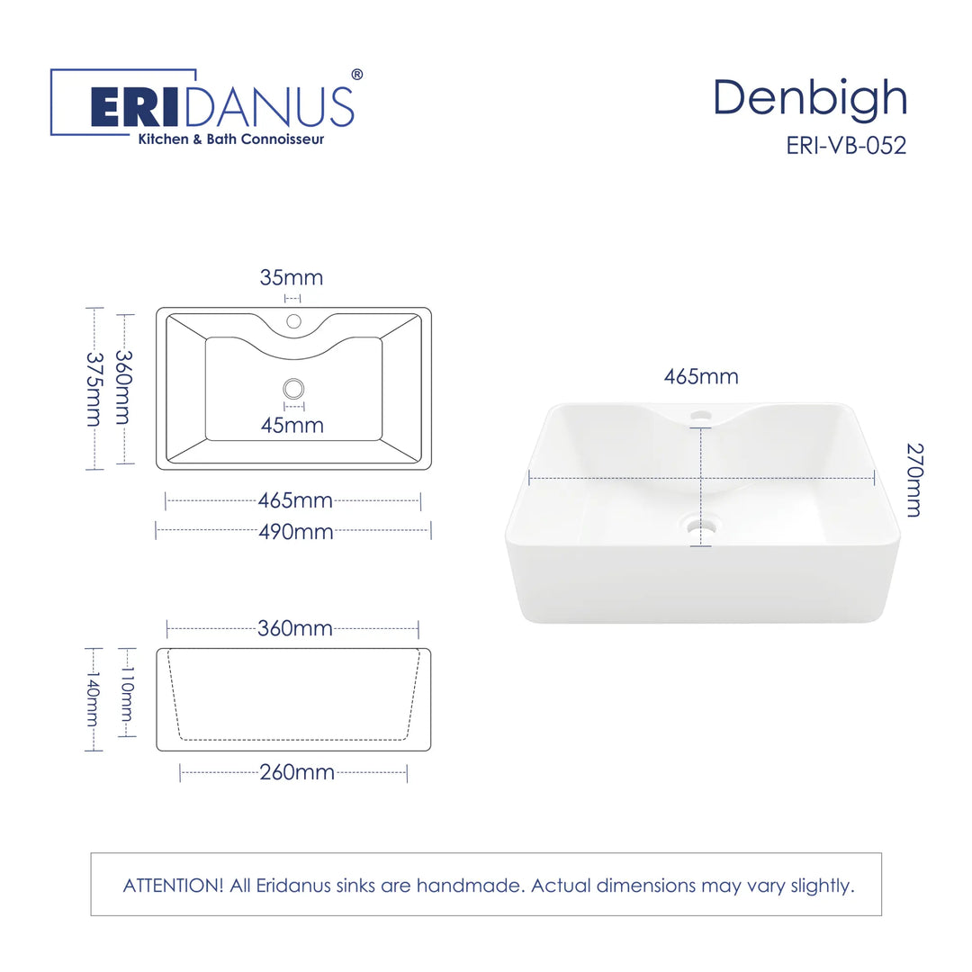 Eridanus Denbigh ERI-VB-052 white vessel sink dimension diagram.