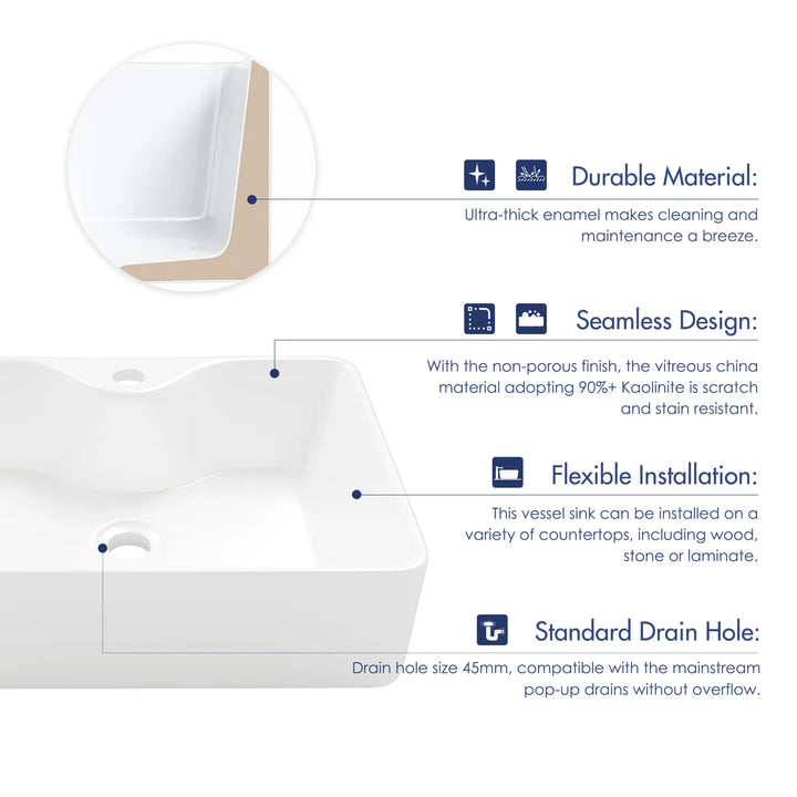White vitreous china vessel sink with scratch-resistant enamel finish.