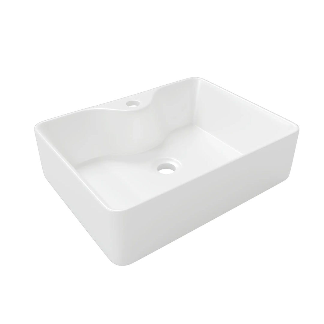White rectangular ceramic vessel sink with single faucet hole.