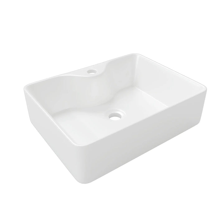 White rectangular ceramic vessel sink with single faucet hole.