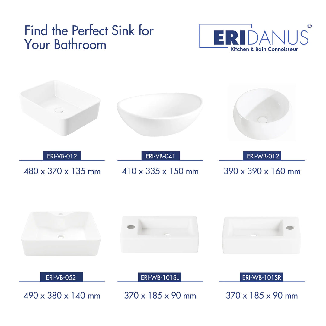 Eridanus white ceramic vessel sink collection with sizes and models.
