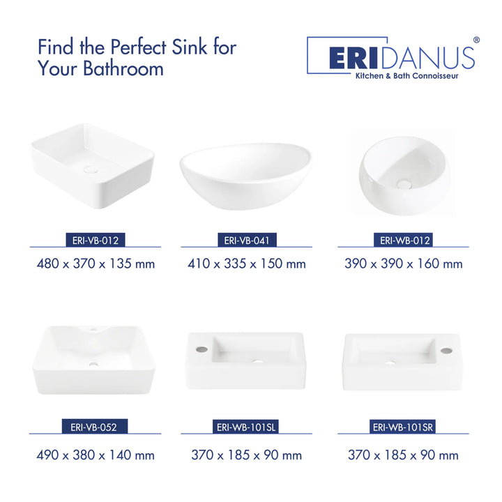 Eridanus white ceramic vessel sink collection with sizes and models.