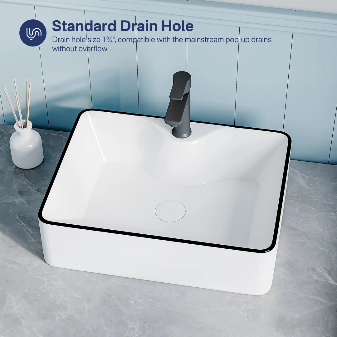 White ceramic square vessel sink with black rim, standard 1 3/4 inch drain hole