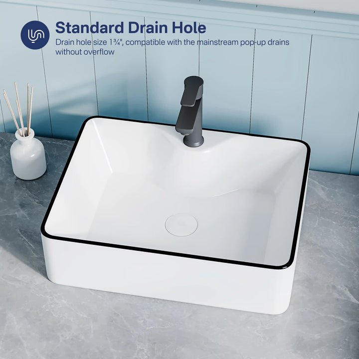White ceramic square vessel sink with black rim, standard 1 3/4 inch drain hole