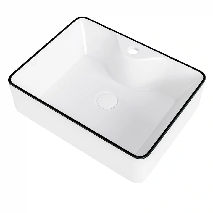 Rectangular white ceramic vessel sink with thin black edge trim single faucet hole