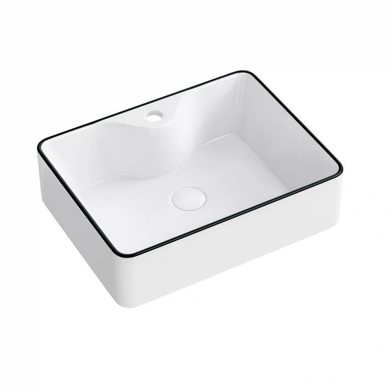 White rectangular ceramic vessel sink with thin black rim single faucet hole
