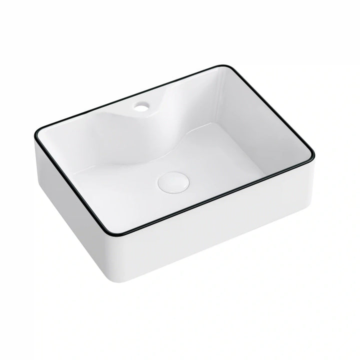 White rectangular ceramic vessel sink with thin black rim single faucet hole