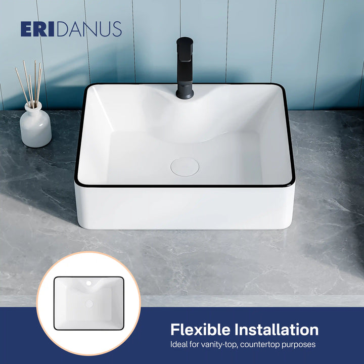 White ceramic rectangular vessel sink with thin black edge, countertop installation design