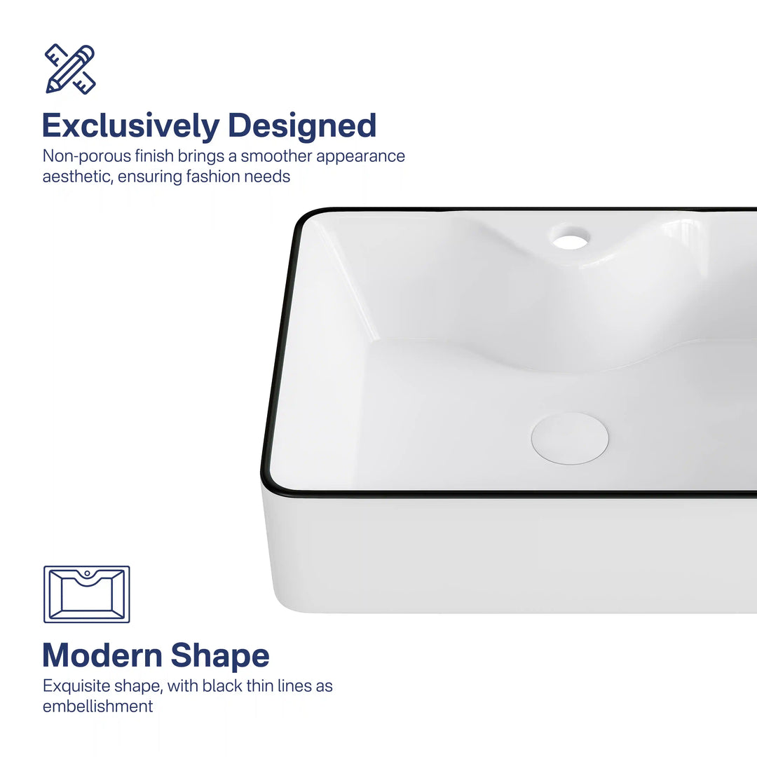 White ceramic vessel sink thin black rim non-porous smooth glaze modern rectangular design
