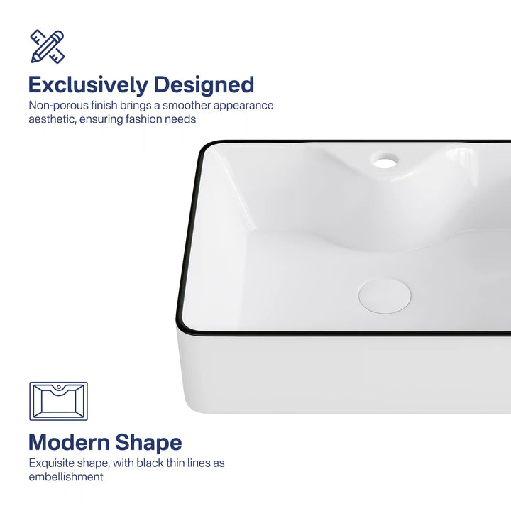 White ceramic vessel sink thin black rim non-porous smooth glaze modern rectangular design