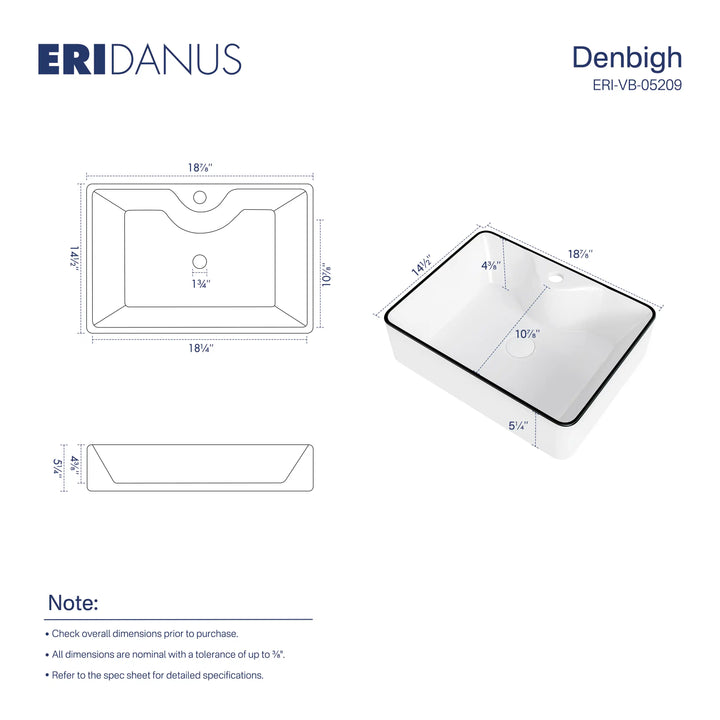 White rectangular vessel sink with black rim technical dimension drawing Denbigh ERI-VB-05209