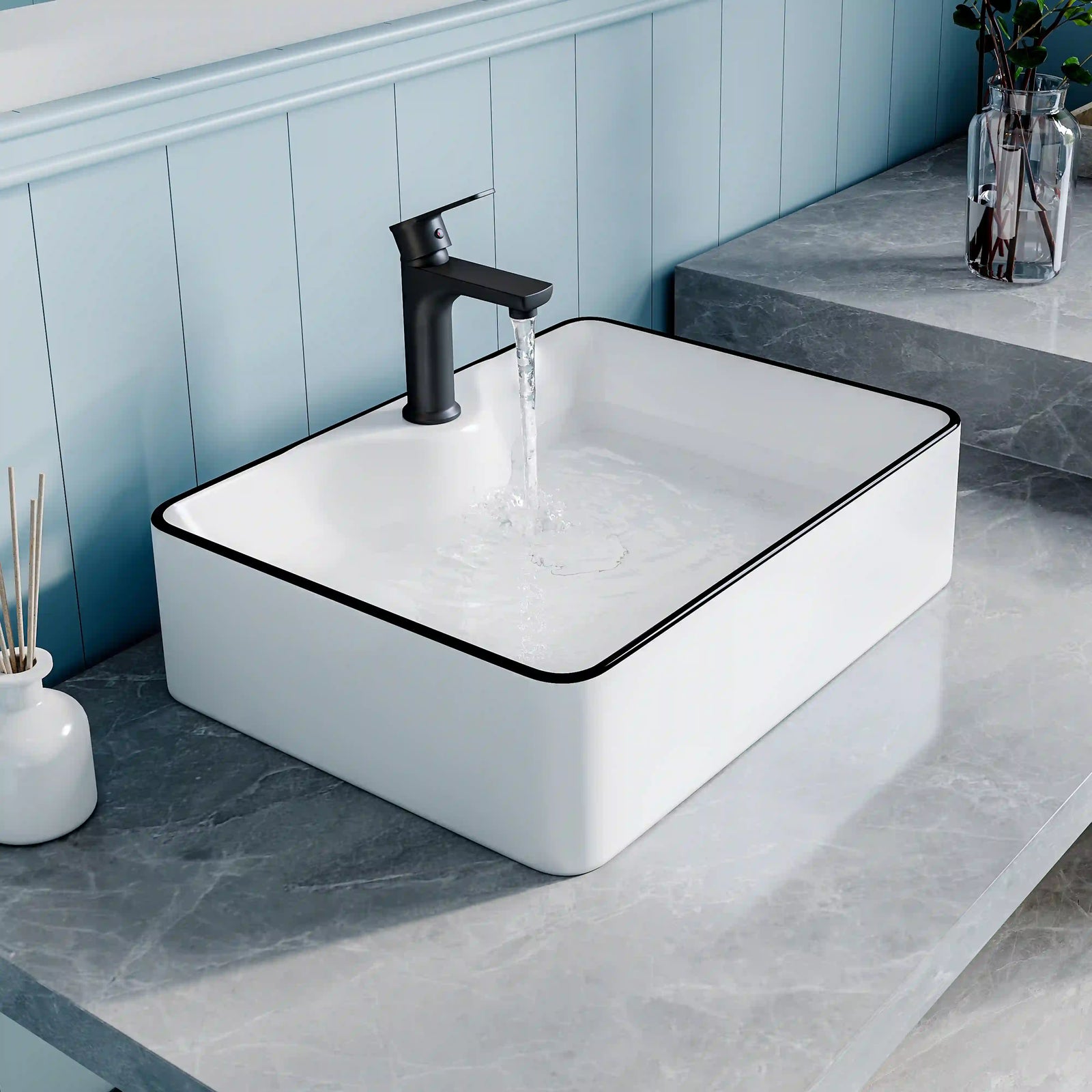 White ceramic square countertop vessel sink with black thin edge trim, paired matte black faucet#color_white-with-black-trim