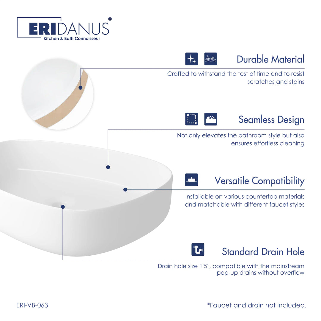 White oval ceramic vessel sink with seamless scratch-resistant body standard drain hole