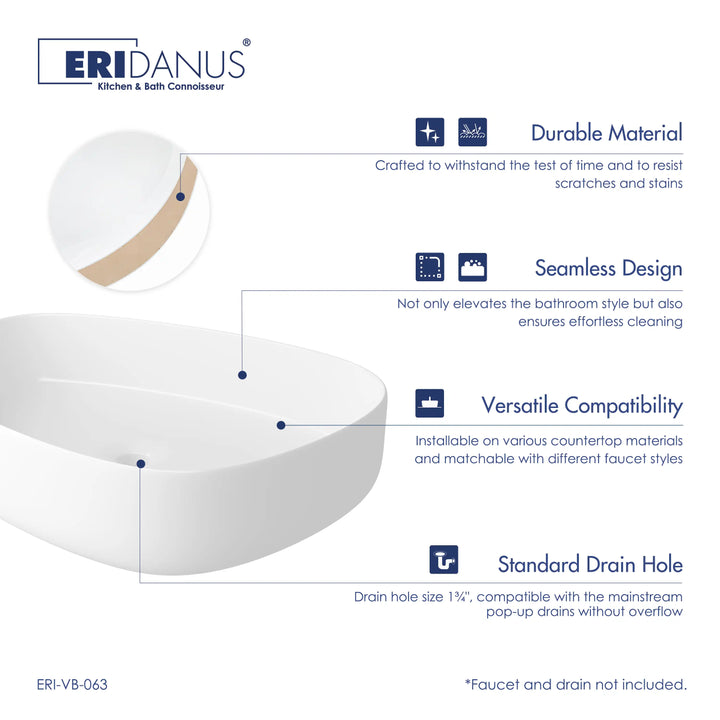 White oval ceramic vessel sink with seamless scratch-resistant body standard drain hole