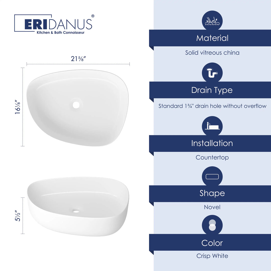 White vitreous china irregular vessel sink dimension and specification chart