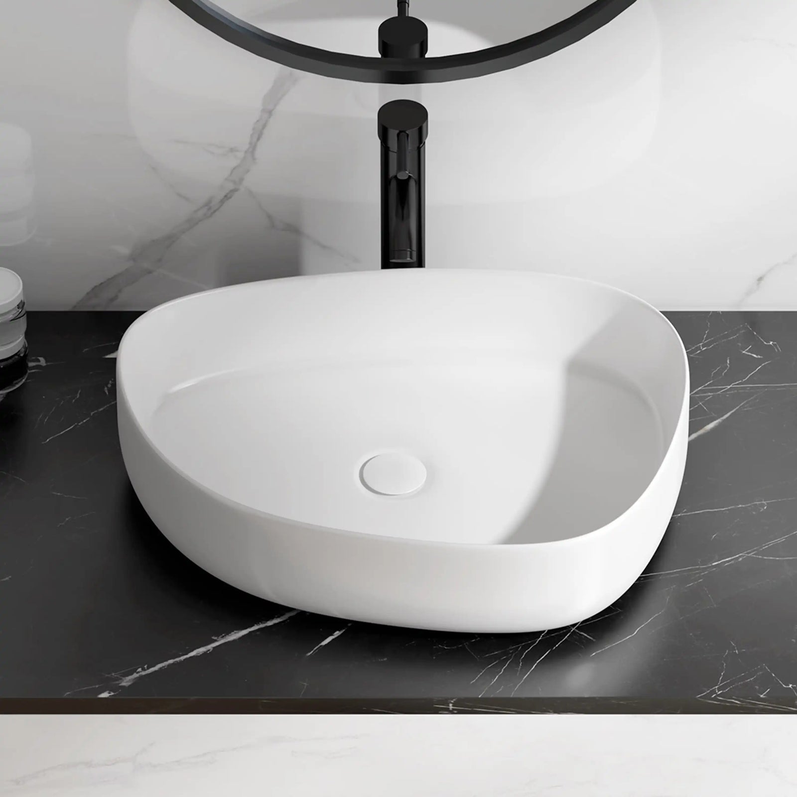 White matte oval ceramic countertop vessel sink with hidden pop-up drain, modern bathroom wash basin#color_crisp-white