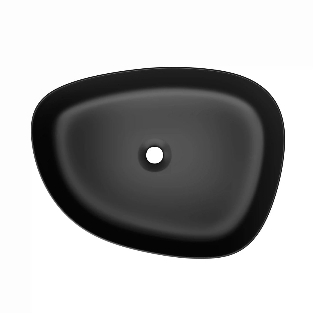 Matte black irregular curved vessel sink top view