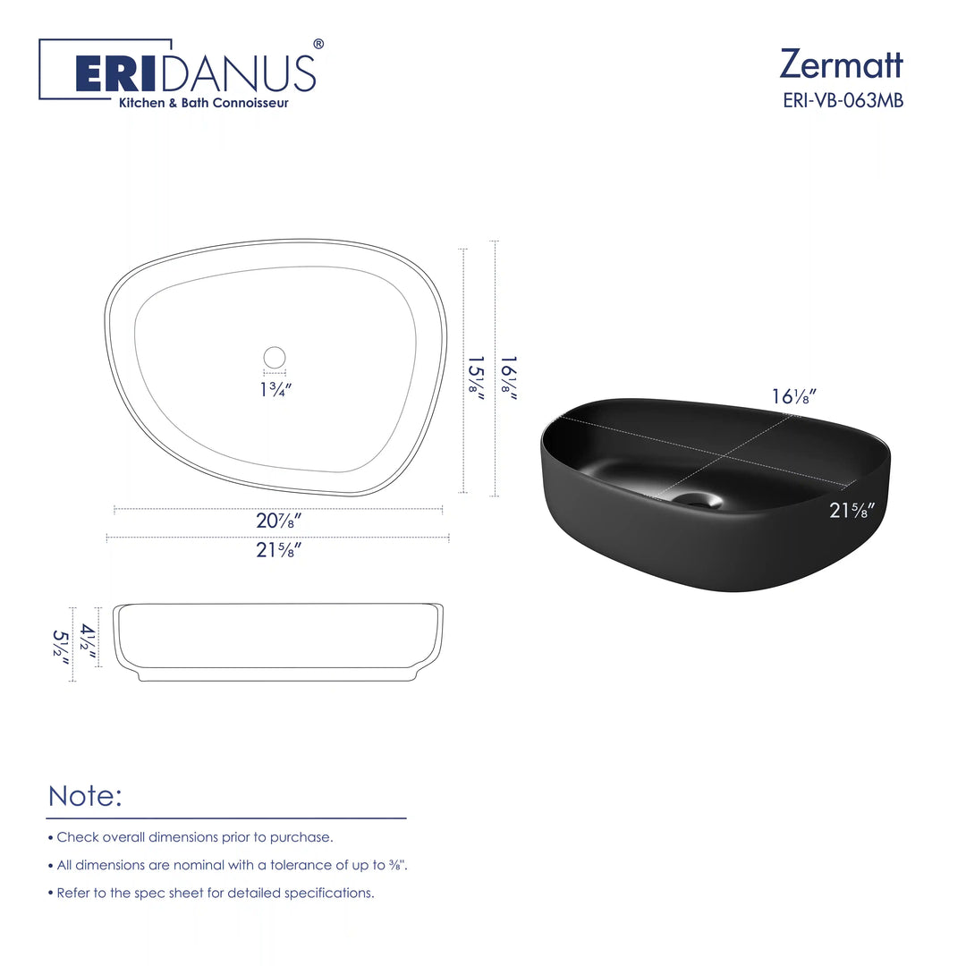Matte black oval vessel bathroom sink with dimension drawing specs