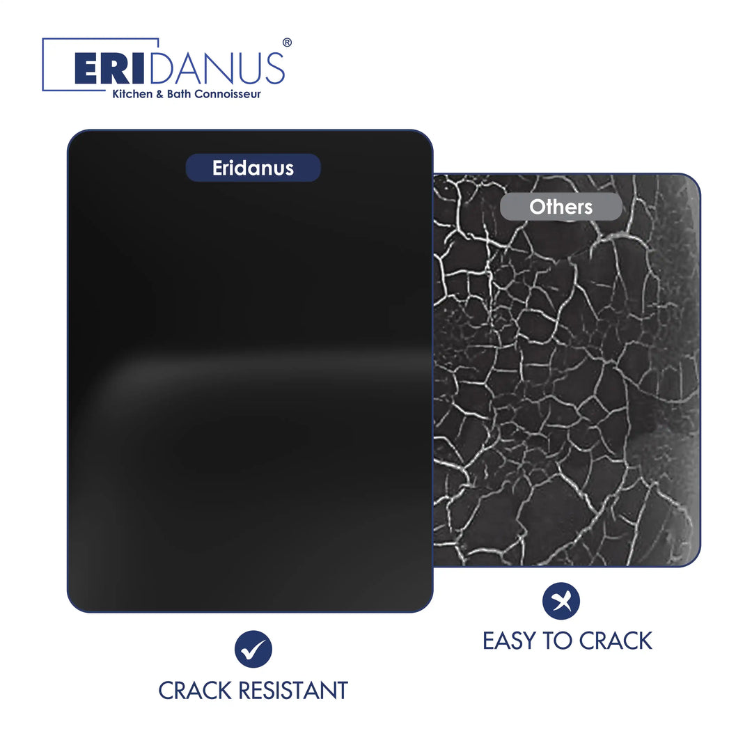 Matte black sink material comparison chart showing crack-resistant surface
