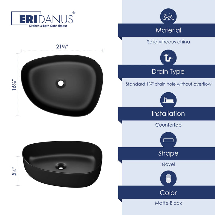 Matte black oval vitreous china vessel sink dimension &amp; spec sheet