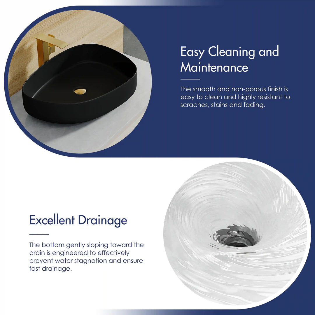 Matte black oval vessel sink feature graphic of clean surface &amp; fast drainage