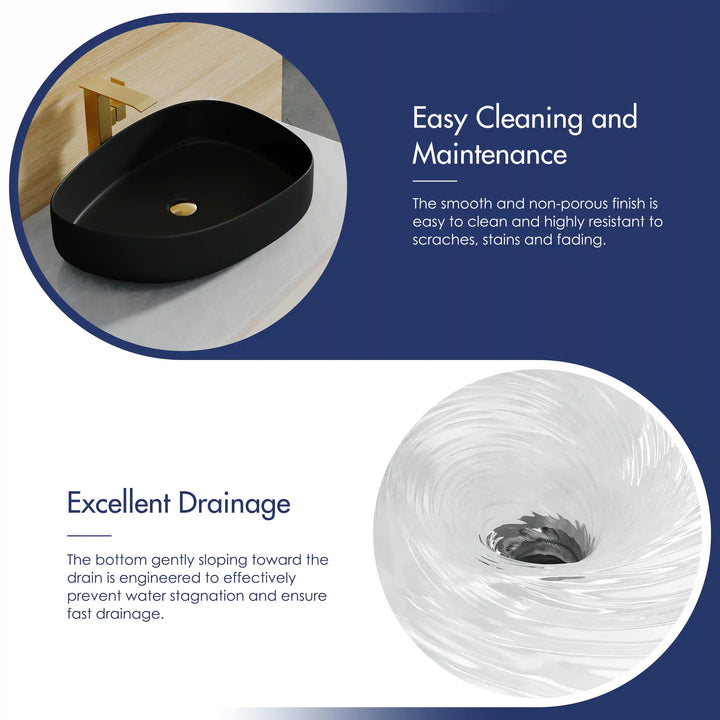Matte black oval vessel sink feature graphic of clean surface &amp; fast drainage