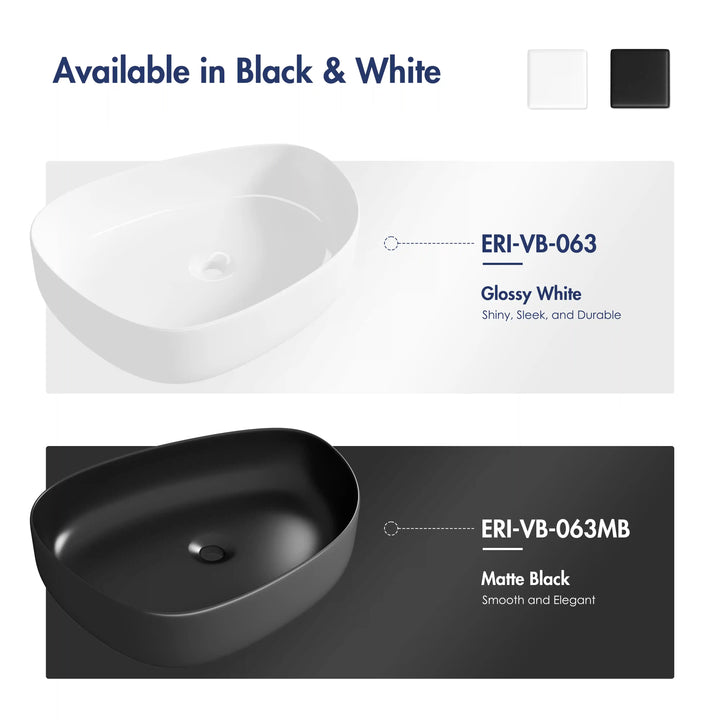 Gloss white and matte black oval vitreous china vessel sink color options