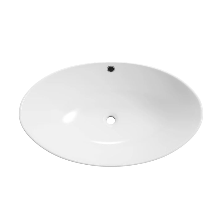 Glossy white oval ceramic vessel sink with overflow hole