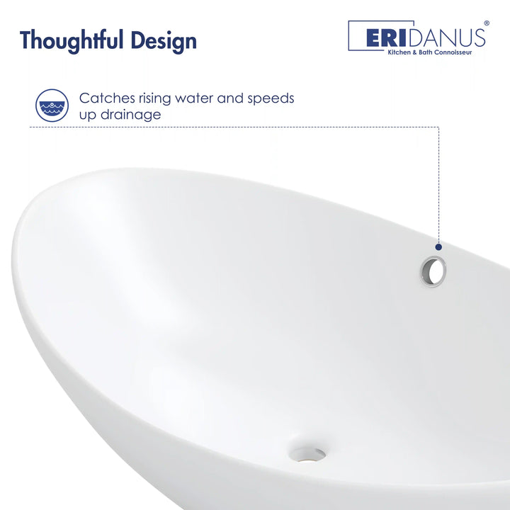 White ceramic vessel sink close-up highlighting anti-overflow hole design