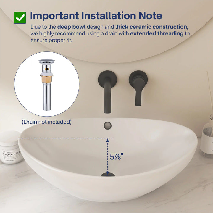 White deep ceramic vessel sink with drain installation dimension guide