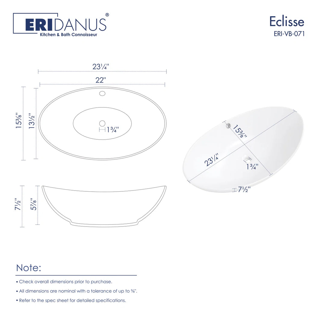 White oval ceramic vessel sink technical dimension drawing