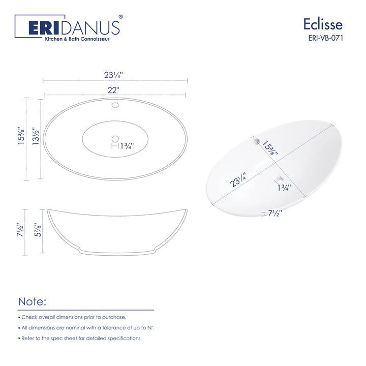 White oval ceramic vessel sink technical dimension drawing
