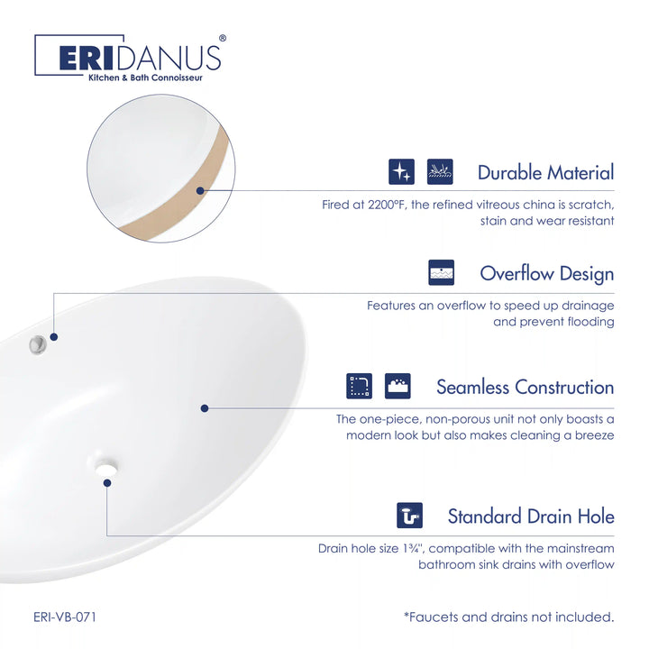 White ceramic vessel sink infographic showing material, overflow and seamless features