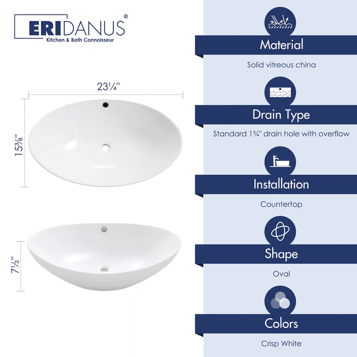 White oval vitreous china vessel sink product specification infographic