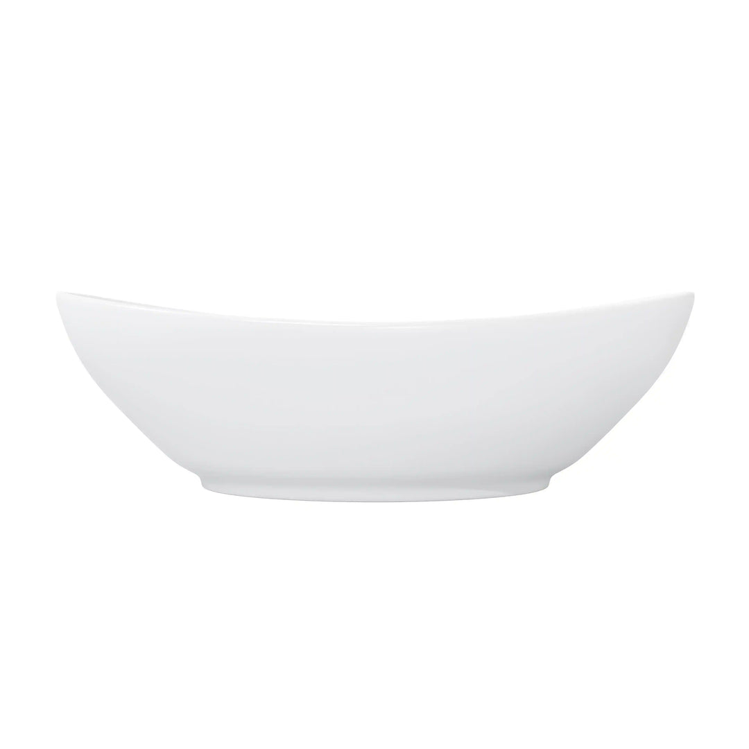 Glossy white oval ceramic vessel sink with overflow hole