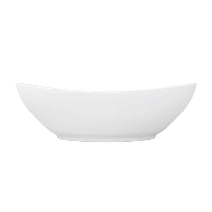 Glossy white oval ceramic vessel sink with overflow hole