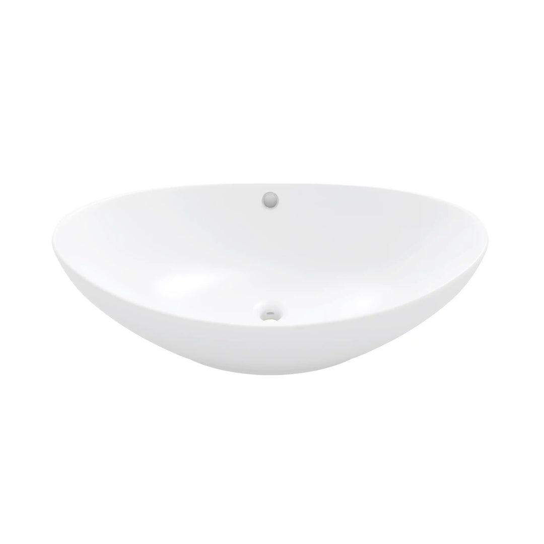 Glossy white oval ceramic vessel sink with overflow hole