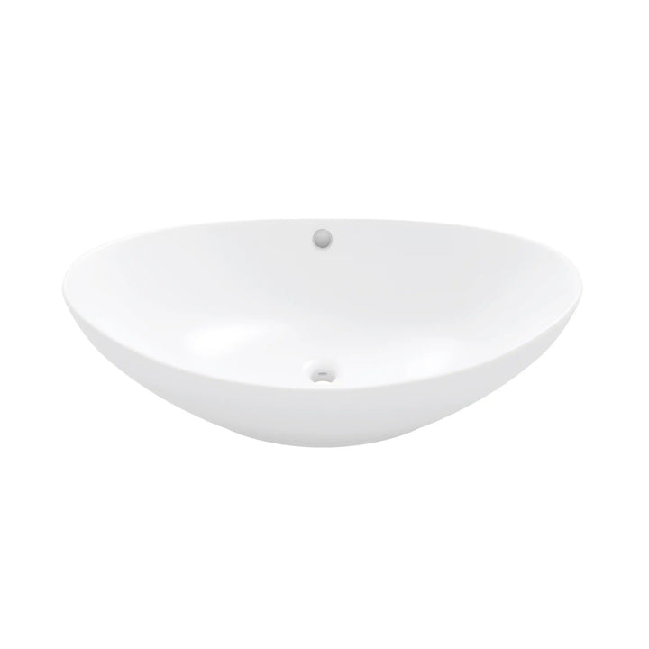 Glossy white oval ceramic vessel sink with overflow hole