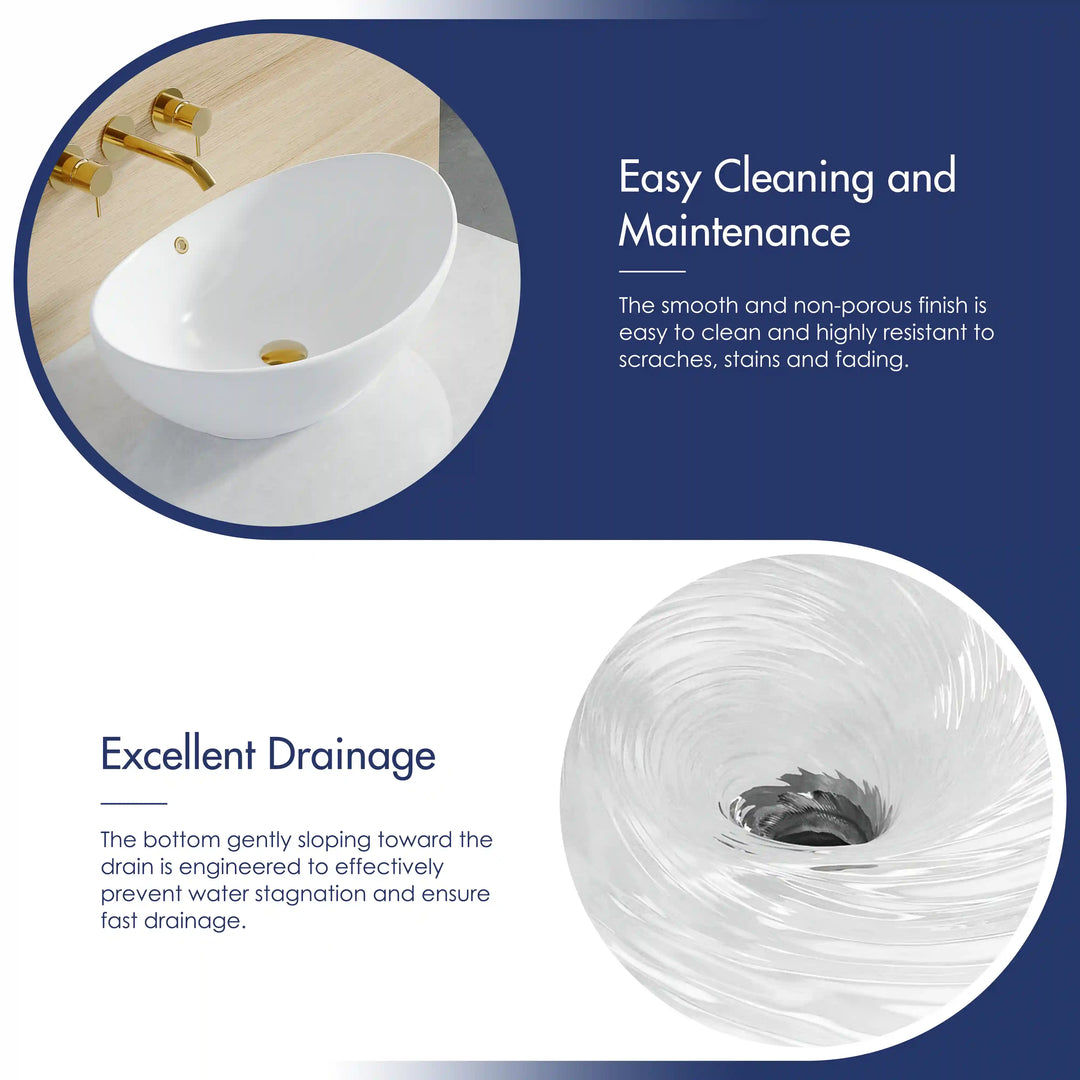 White oval vessel sink with easy-clean finish and fast drainage design