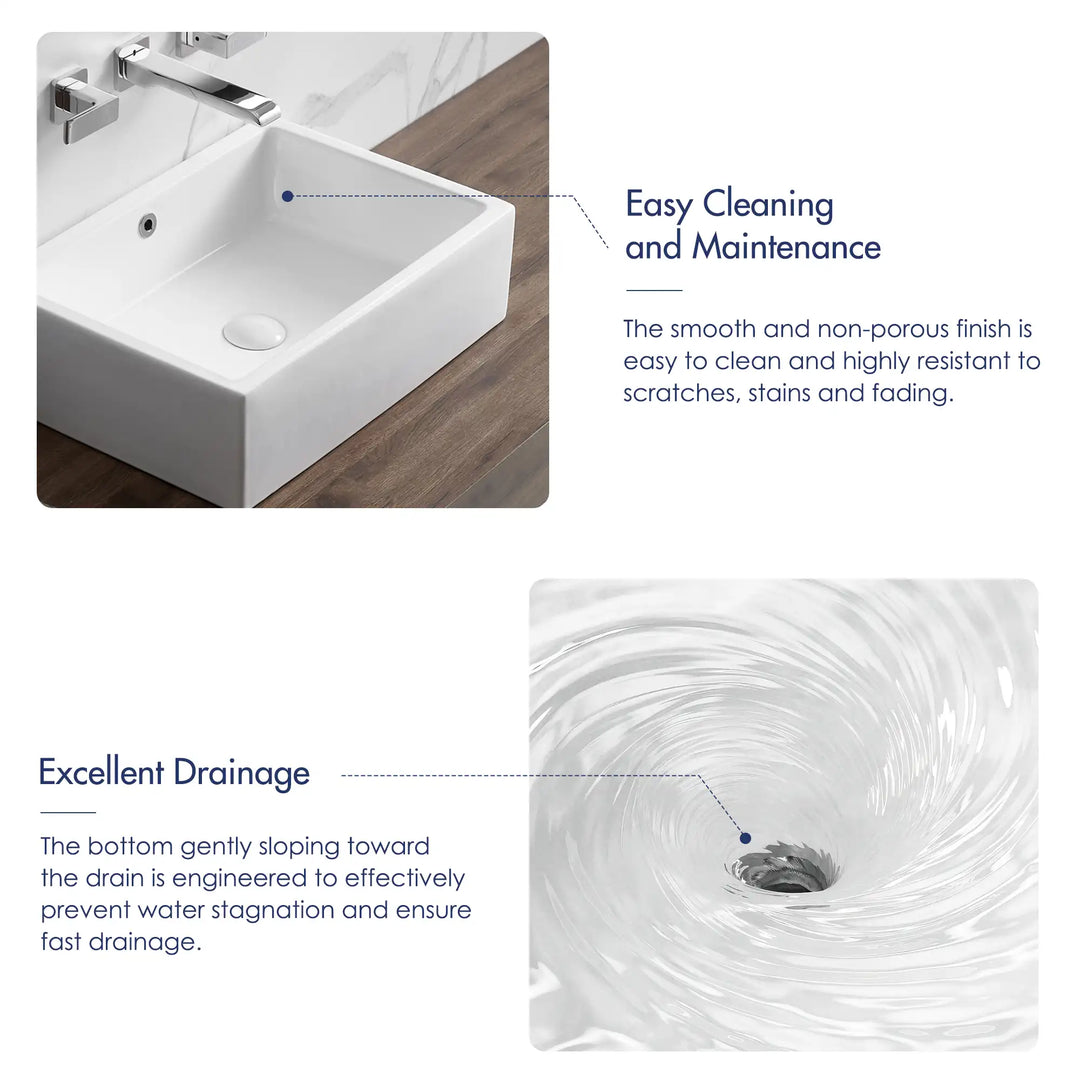 White rectangular ceramic vessel sink highlighting easy cleaning and fast drainage features