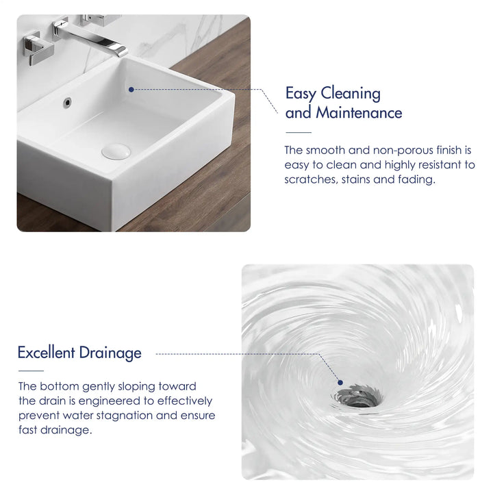 White rectangular ceramic vessel sink highlighting easy cleaning and fast drainage features