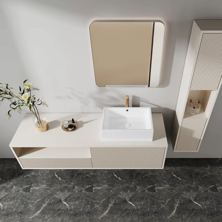 White square ceramic vessel sink with overflow hole and gold tall faucet