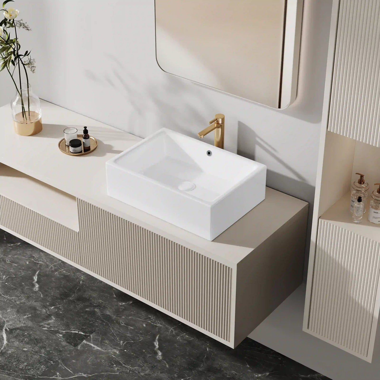 White rectangular ceramic countertop vessel sink with overflow hole