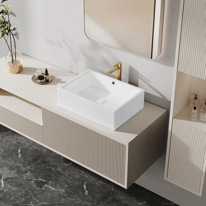 White rectangular ceramic countertop vessel sink with overflow hole