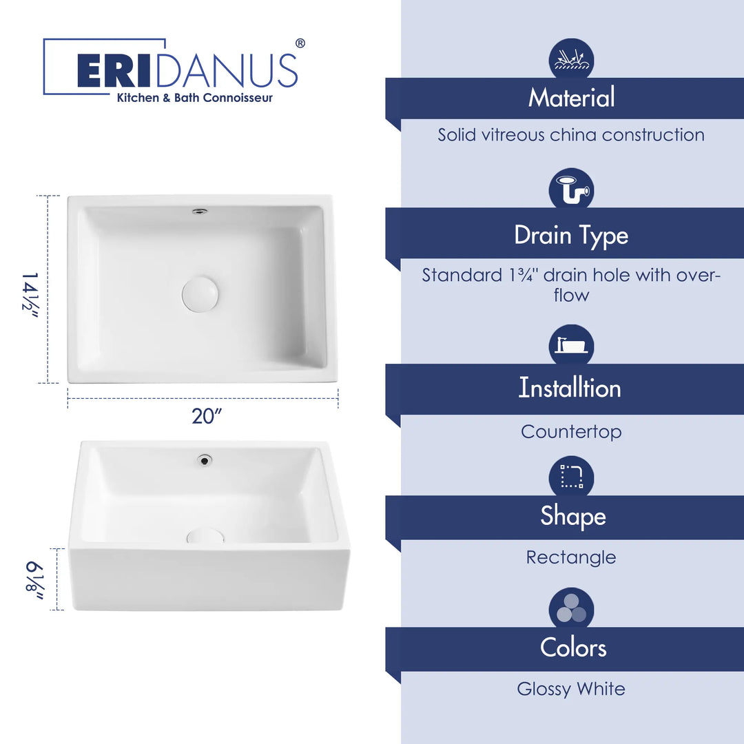 Glossy white rectangular vitreous china countertop vessel sink with size specs