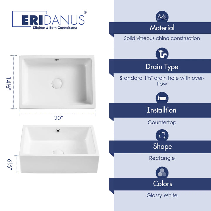 Glossy white rectangular vitreous china countertop vessel sink with size specs